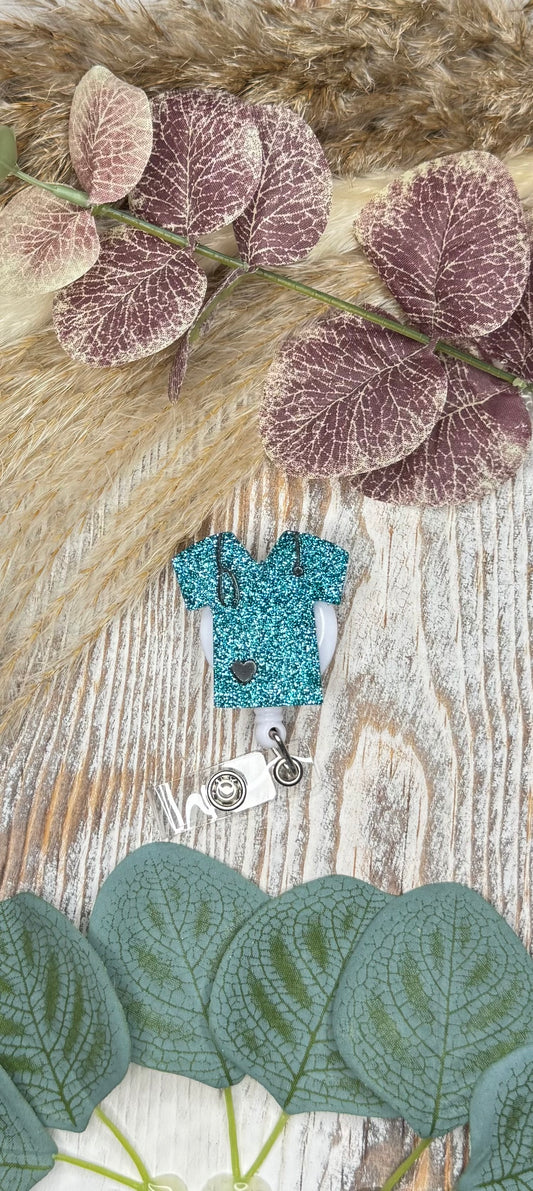 Teal Scrub Top - Badge Reel