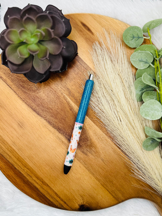 Gel Pen: Teal Floral Chickens | Color: Chelsea