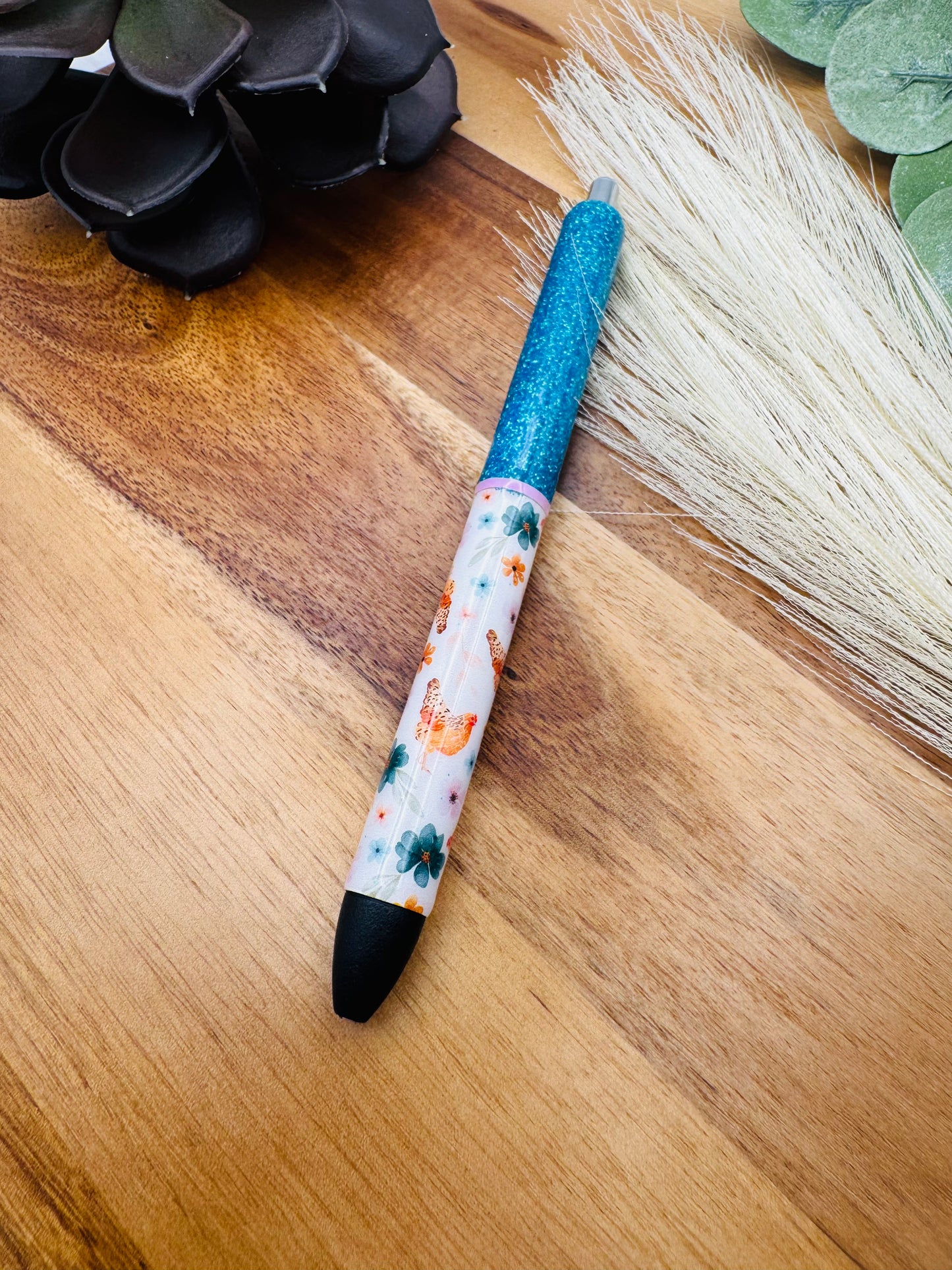 Gel Pen: Teal Floral Chickens | Color: Chelsea