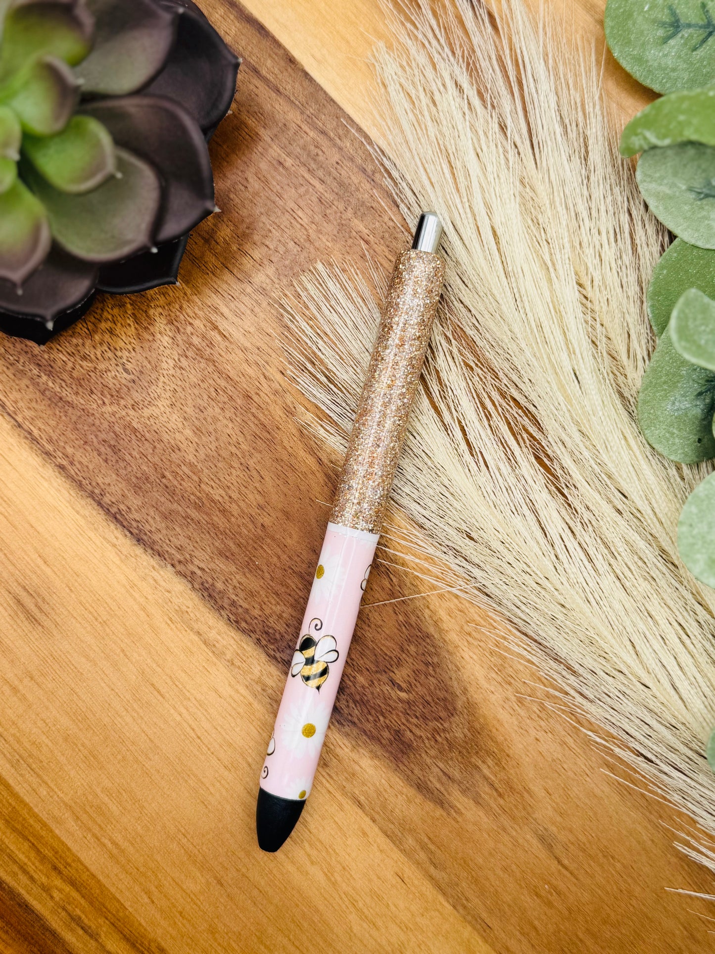 Gel Pen: Bees & Daisies, Pink | Color: Light Gold, Striped White