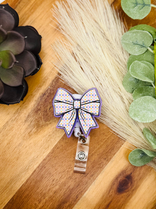Purple Checkered Bow Badge Reel