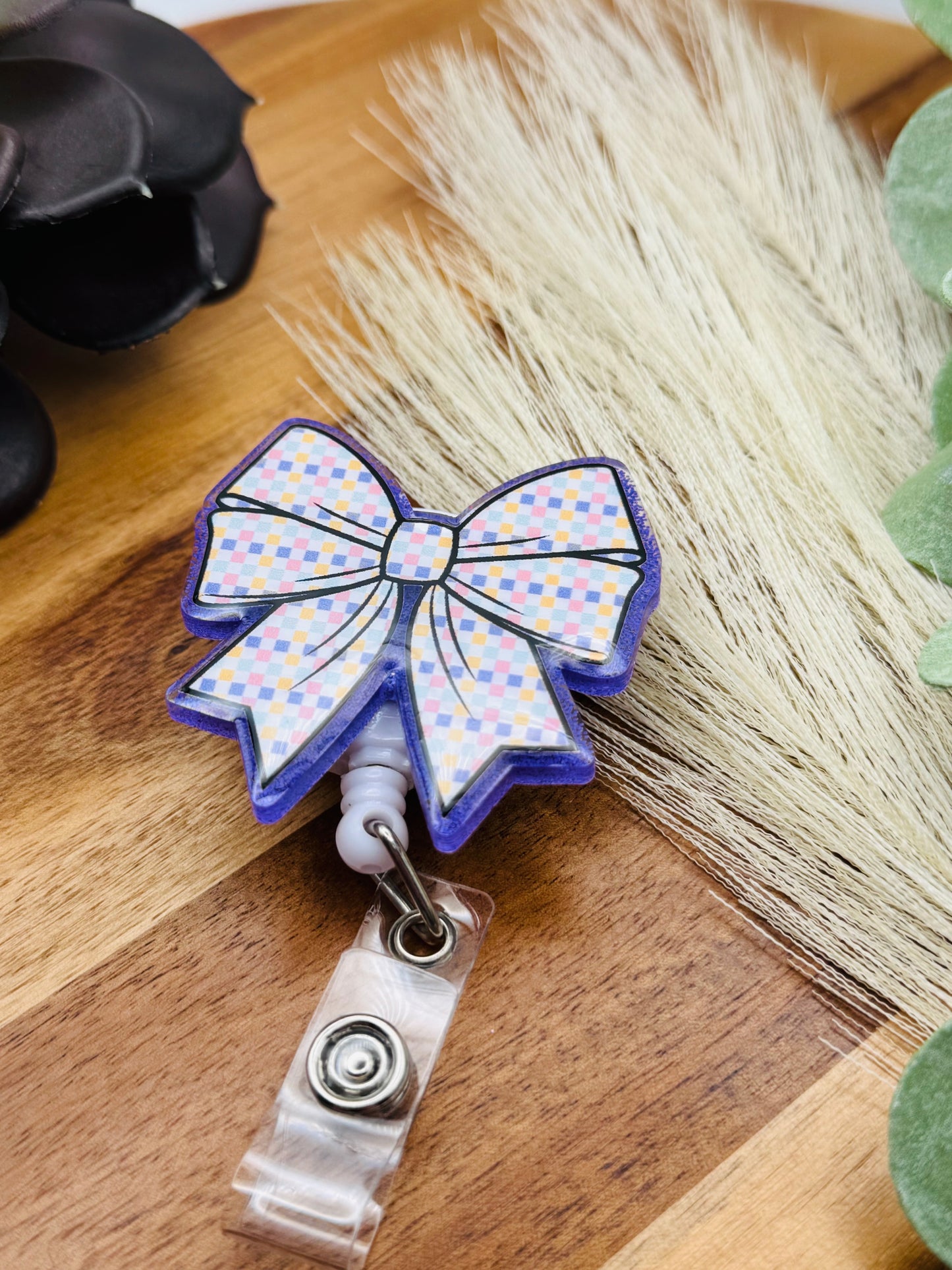 Purple Checkered Bow Badge Reel