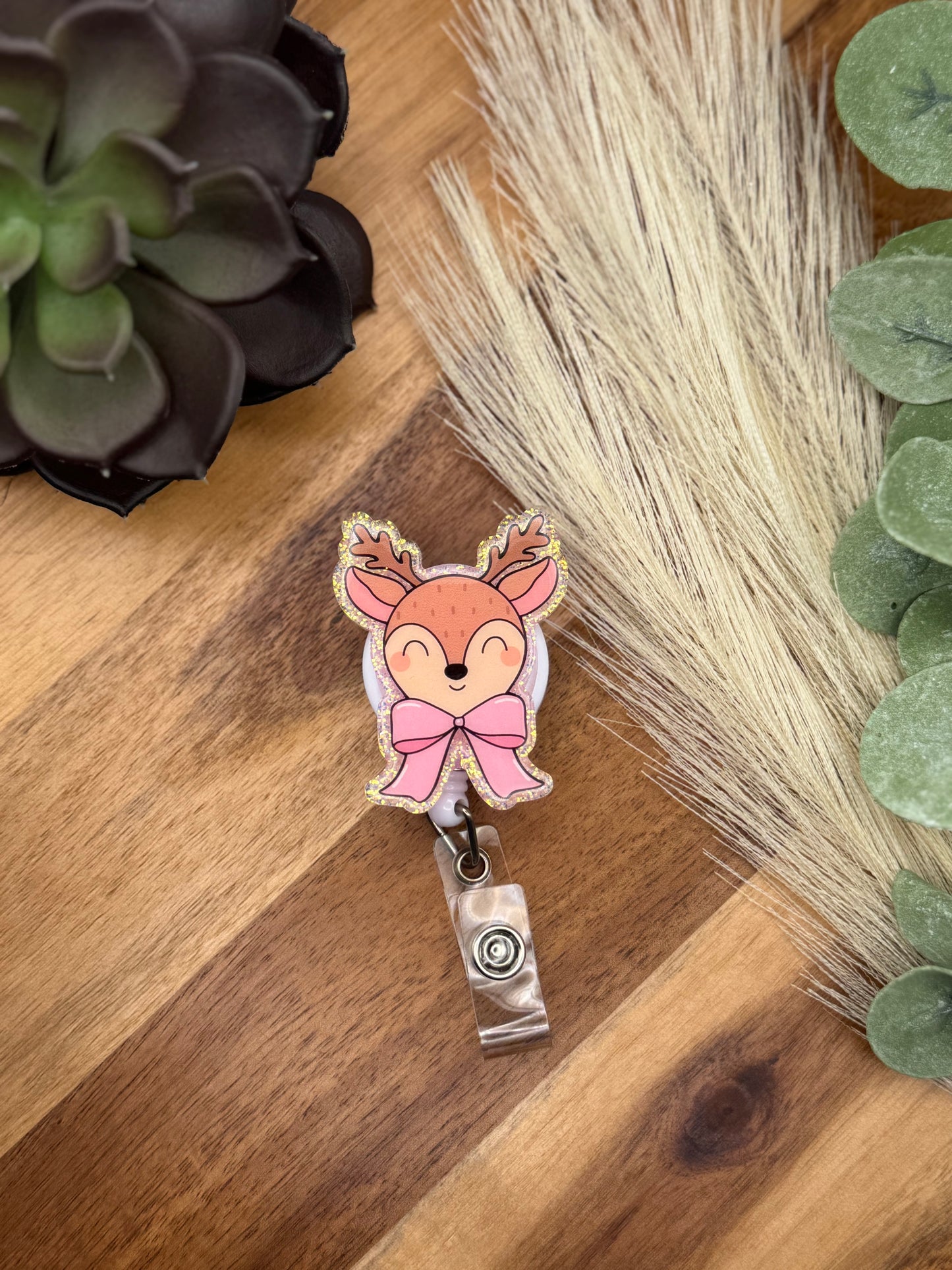 Pink Bow Reindeer Badge Reel